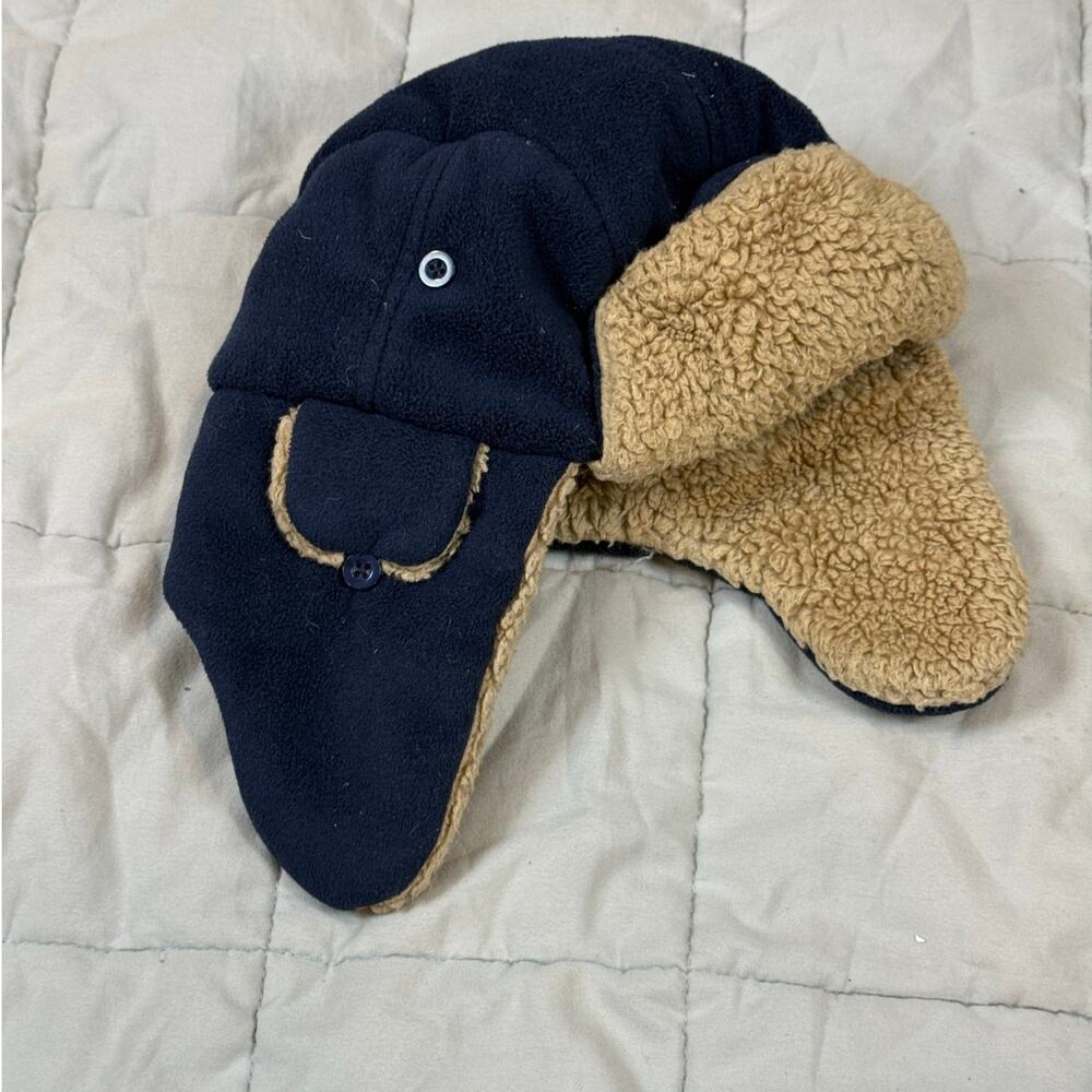 Gap Kids Navy Blue Tan Trapper Hat Fleece Sherpa Plush LIning Ear Flaps Hat